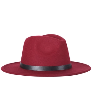 Classic burgundy wool felt jazz fedora hat with black band for women, white background