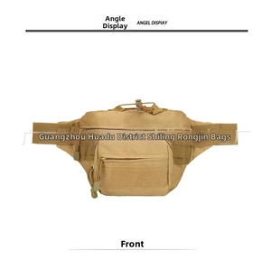 Front view of khaki tactical waist bag with multi-layer zippers and MOLLE system straps