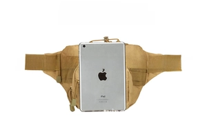 Outdoor cycling waist bag compared with tablet to show compact size and tactical nylon material