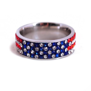 Stainless Steel Ring With Red White Blue Rhinestones USA Flag Pattern Band For Men Women Fashion