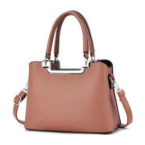 Brown litchi grain leather tote bag with U-shaped metal accent and detachable strap