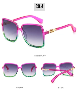 Multi-angle view of fashion square sunglasses with pink-green frames and purple lenses