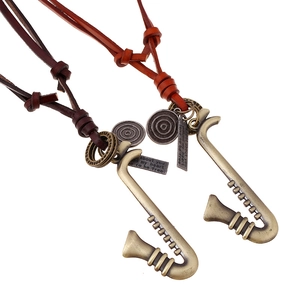Vintage Saxophone Pendant Necklace Alloy Metal With Adjustable Genuine Cowhide Leather Cord Retro Sweater Chain Unisex