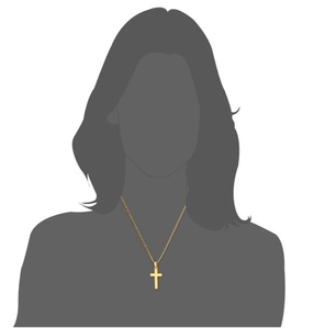 Minimalist gold cross pendant necklace shown on a female silhouette for length reference