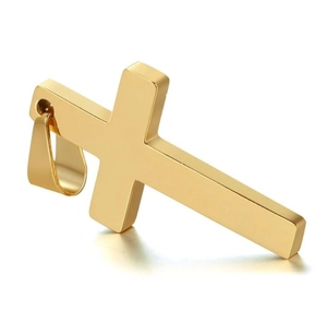 Detailed view of polished golden cross pendant with reflective finish on white background