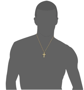 Polished gold cross pendant necklace shown on a male model silhouette for size perspective