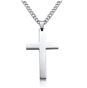 Close-up of a polished silver cross pendant necklace with a sleek metal chain on white background