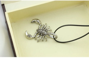 Close-up of a silver scorpion pendant with black cord necklace in a wooden box