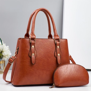 Brown faux leather handbag set with tote and matching pouch, elegant Korean style design