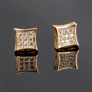 Golden square stud earrings featuring 3x3 matrix AAA cubic zirconia on black mirror reflection