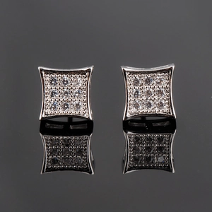 Square silver stud earrings with 3x3 matrix AAA cubic zirconia inlay for men and women