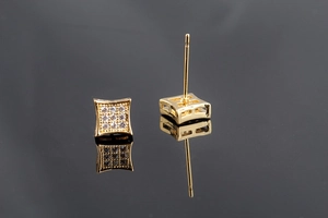 Close-up of gold square stud earrings with 3x3 micro-pave AAA cubic zirconia stones