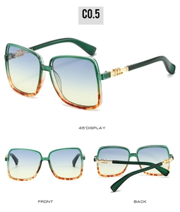 Three-angle detail view of square green tortoiseshell sunglasses with gradient lenses