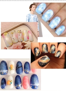 Detail showing diverse nail art styles including cloud, floral, and starry galaxy designs