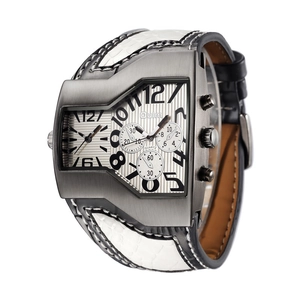 Oulm oversized dual-time men's watch with asymmetrical case and leather crocodile strap