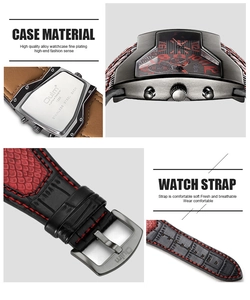Macro detail of alloy case and red-black leather strap of dual time zone tonneau watch