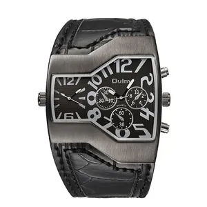 Oulm oversized dual-timezone men's quartz watch with tonneau case and leather strap