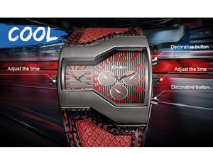 Macro detail of dual-timezone watch with gun-grey brushed case and red snake-embossed strap