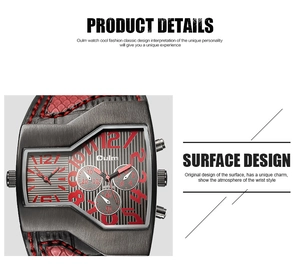 Close-up of dual-time watch with textured red stitching leather strap and dark alloy case