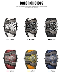 Collection of Oulm dual-time quartz watches in six colors with unique tonneau cases