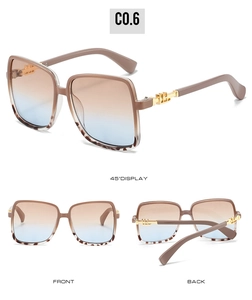 Three-view detail of square sunglasses with gradient lenses and gold metal temple accents
