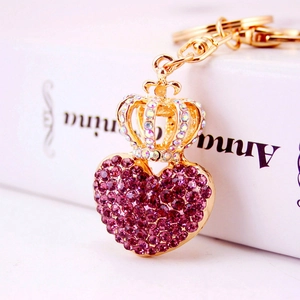 Golden crown and pink rhinestone heart keychain accessory for women bag charm decoration