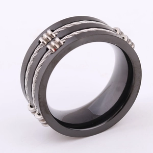 8mm black titanium ring for men featuring a unique double-row silver steel cable inlay