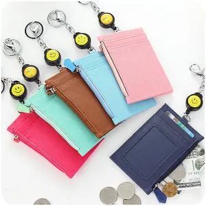 Multifunctional Card Holder PU Leather Retractable Badge Reel Keychain Zipper Coin Purse ID Window Office Supplies