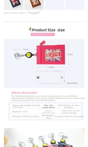 Size guide for faux leather card holder with retractable lanyard and dimensions