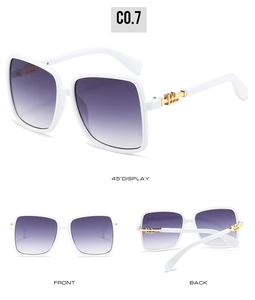 Three-angle views showing white square frames with purple gradient lenses and gold metal accents