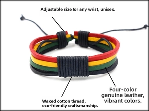 Macro detail of braided leather bracelet with red yellow and green cotton wax thread cord