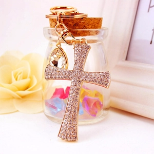 Sparkling gold cross keychain with rhinestones and crystal drop for luxury handbag decor