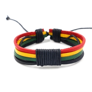 Multilayer braided leather bracelet in Jamaican reggae colors of red yellow and green