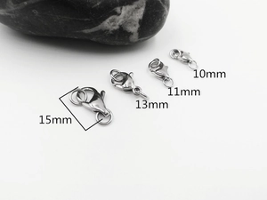 Size comparison of silver stainless steel lobster clasps in 10mm, 11mm, 13mm and 15mm