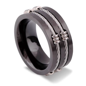 Men's 8mm black titanium steel ring with double row cable inlay in polished finish