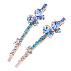 Elegant gold butterfly hair clips with sparkling blue crystals and rhinestones set of 2