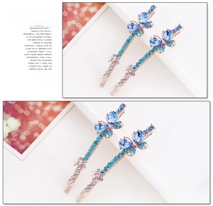 Close-up of rose gold bow hair clips featuring blue and clear crystal rhinestones