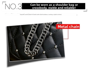 Detail of black quilted PU leather bag featuring silver metal chain and studded accents