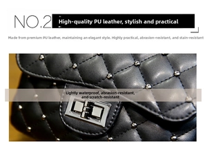 Detail of black quilted PU leather bag with silver rivets and twist-lock closure