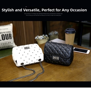 Detail of small quilted crossbody bags with silver metal studs in black and white