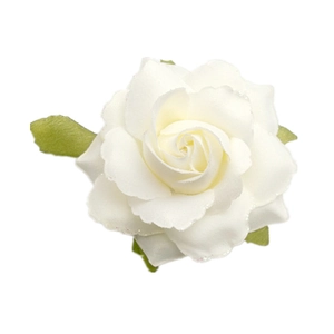 Close-up of white silk rose flower with glitter petals and green leaves for bridal hair