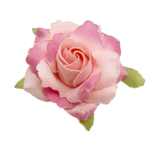 Detail of pink gradient silk rose hair clip with glitter accents and green leaves