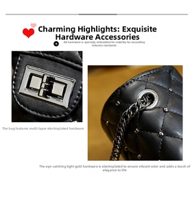 Detail of light gold turn-lock closure and quilted black leather texture on chain bag