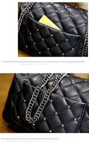 Detail of black quilted leather bag featuring silver studs and metal chain strap
