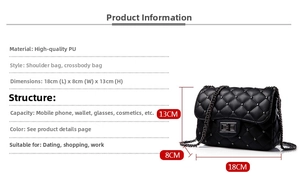 Detailed size specifications of the black quilted rivet chain bag with PU material
