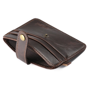 Slim dark brown leather card holder wallet with retro metal button and multiple slots