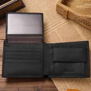 Classic black leather bi-fold wallet for men with card slots and button coin pocket