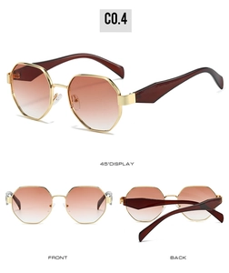 Detailed views of gold polygonal metal sunglasses with brown gradient lenses