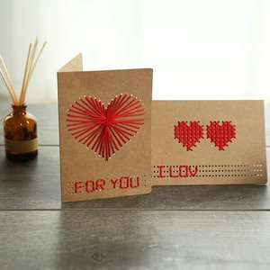 DIY kraft paper cards featuring red cross-stitched hearts and For You embroidery