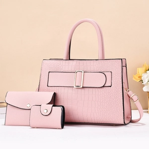 Pink crocodile pattern 3-piece bag set with large tote and gold buckle detail